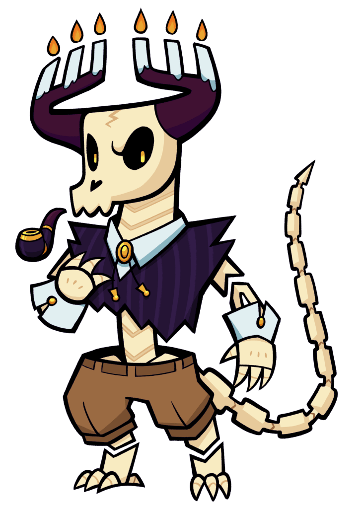 A cartoon drawing of a skeletal character in a vest.