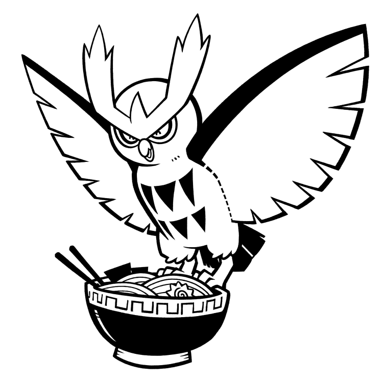 A black-and-white drawing of a cartoon owl perched on a bowl of noodles.
