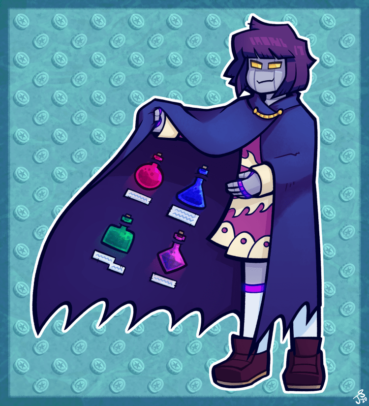 A cartoon drawing of an android potion merchant.